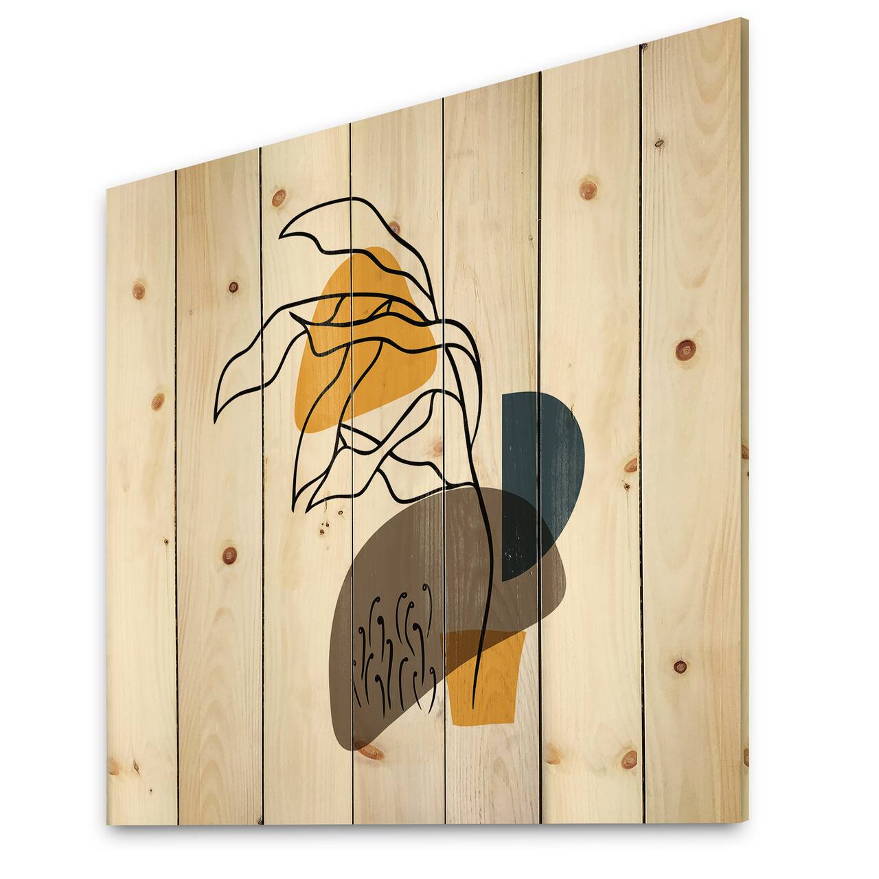 Designart - Abstract Flowers On Minimal Shapes V - Modern Print on Natural Pine Wood